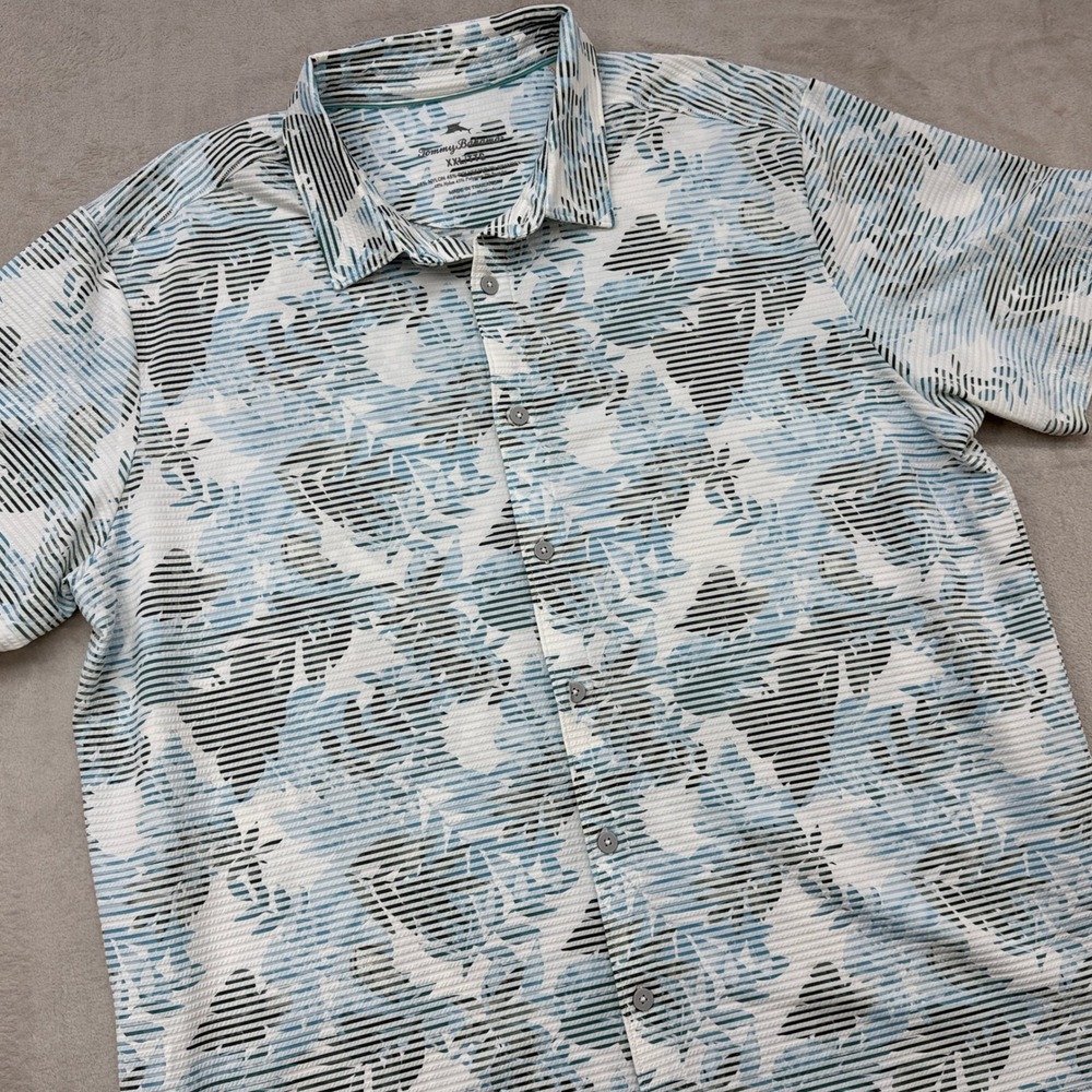 Tommy Bahama Button Down Shirt Mens XXL Blue Floral Striped Short Sleeve Stretch